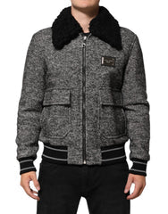 Men's Gray Wool Herringbone Shearling Collar Bomber Jacket Black And Clothing