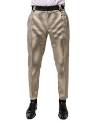 Men's Beige And Black Striped Cotton Trousers Elastane