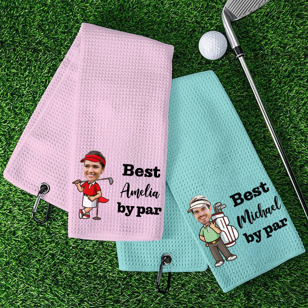 Toalla deportiva absorbente con nombre y pinza para colgar Regalo de cumpleaños para amantes del golf con cara de jugador de golf de dibujos animados personalizada