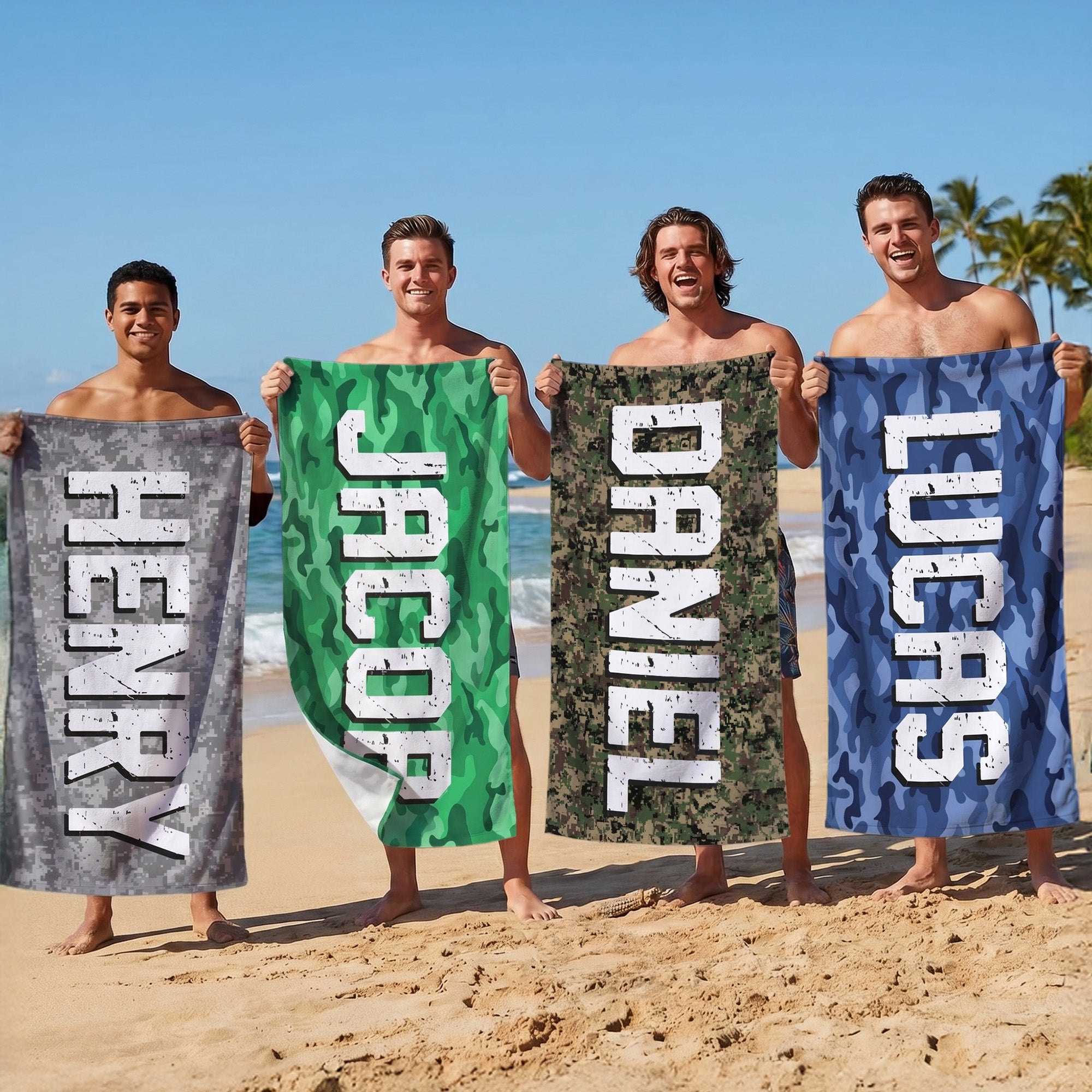 Toalla de playa de secado rápido con diseño de camuflaje personalizado y nombre Cumpleaños Fiesta en la playa Regalo para hombre