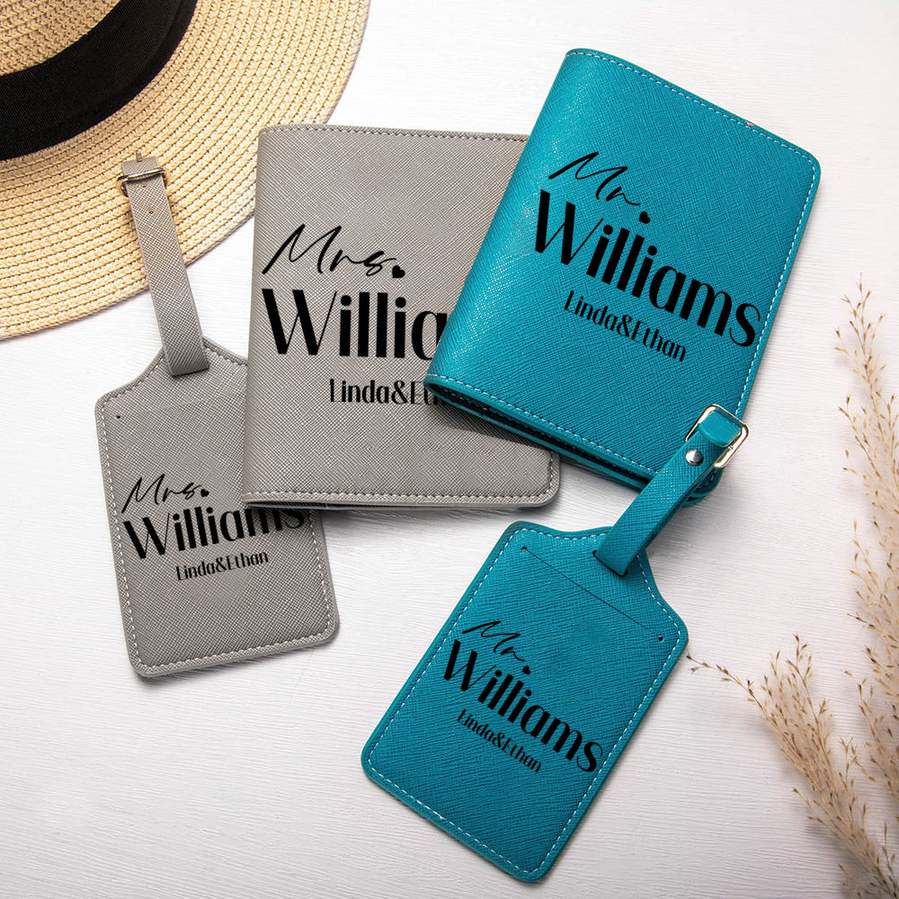 Personalizado señor y la señora de cuero de la PU Multicolor Pasaporte Cubierta Etiqueta de equipaje con el nombre de la familia y el texto de la luna de miel de viaje de regalo de boda para hombres m