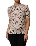 Women's Beige Black Polka Dot Silk Short Sleeve Blouse Top