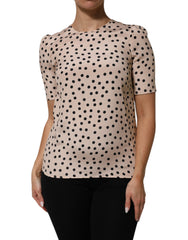Women's Beige Black Polka Dot Silk Short Sleeve Blouse Top