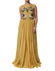 Women's Yellow Silk Floral Embroidered Maxi Dress (chiffon)
