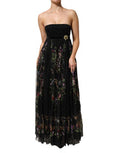 Women's Black Floral Key Print Crystal Strapless Dress Polyester