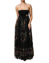 Women's Black Floral Key Print Crystal Strapless Dress Polyester