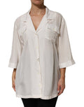 Women's White Silk Collared 3-4 Sleeves Blouse Top