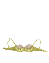 Women's Lime Green Silk Satin Lace Padded Balconnet Underwear Elastane Clothing