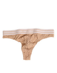 Women's Beige Lace Logo Elastic Waist Thong Tanga Underwear Polyamide Clothing