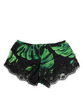 Women's Black Green Tropical Print Lace Underwear And Silk Clothing