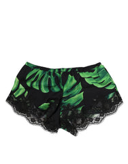 Women's Black Green Tropical Print Lace Underwear And Silk Clothing