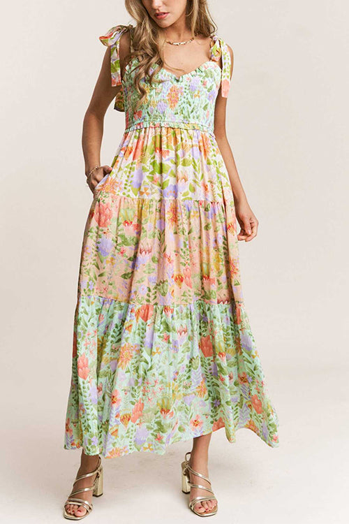 V Neck Bow Shoulder Tiered Floral Print Maxi Dress
