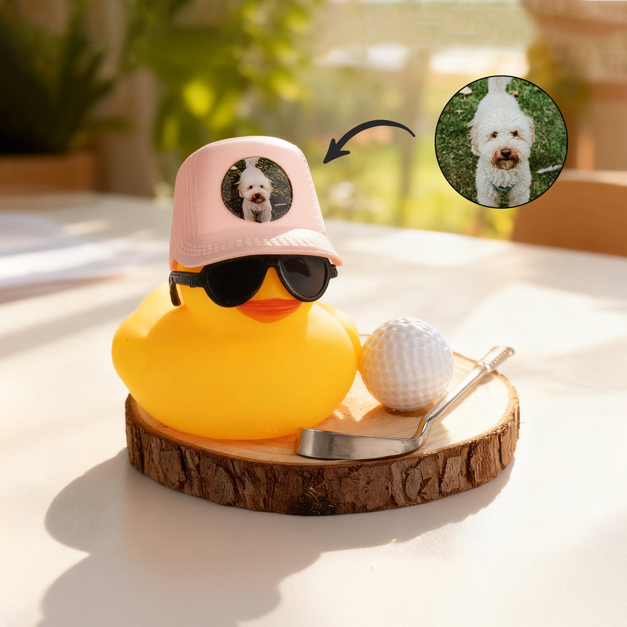 Pato de Golf Personalizado con Gorra y Base de Madera Decoración de Escritorio Regalo de Cumpleaños para los Amantes del Golf