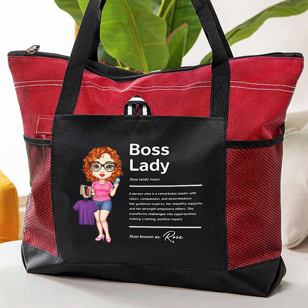 Personalizada Cartoon Boss Lady Impermeable Grande Bolsa Tote con Nombre y Bolsillos de Malla Accesorios de Viaje Cumpleaños Aniversario Regalo para Mujeres Trabajadores