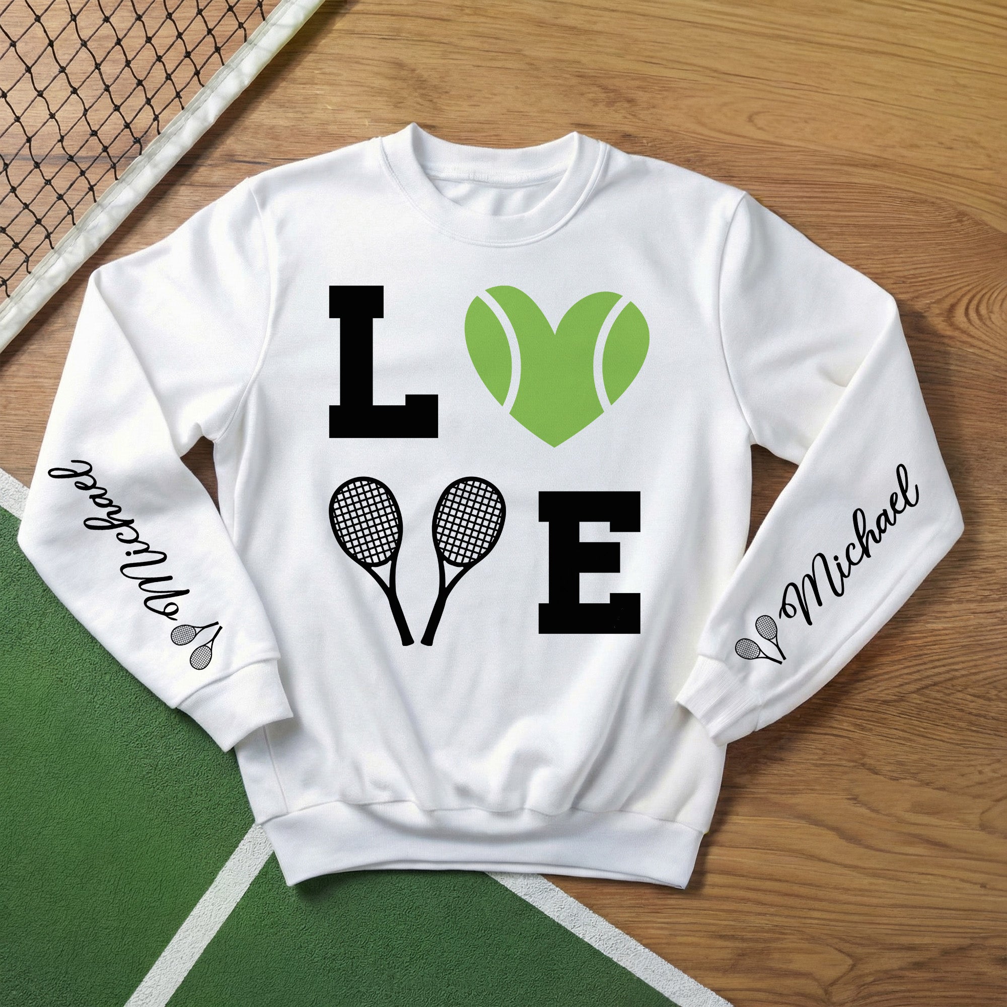 Sudadera con capucha personalizada multicolor Love Tennis Design con nombre Game Day Birthday Gift for Tennis Players Lovers