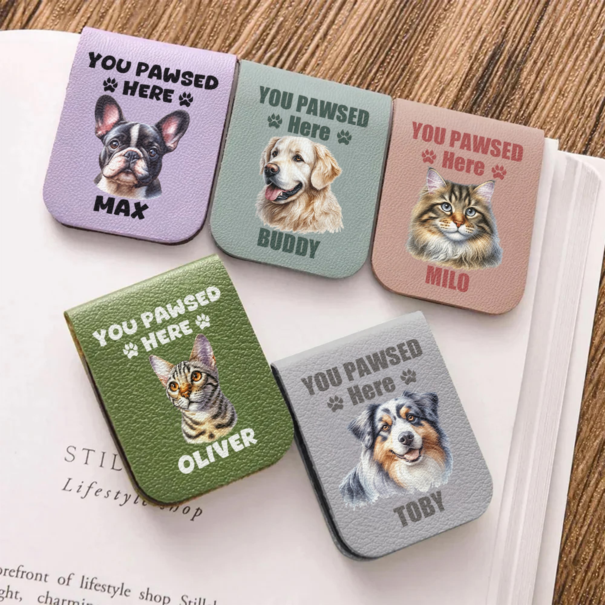 Personalizado lindo perro gato cara foto PU cuero magnético marcador clip con nombre lectura accesorios regalo de Navidad para los amantes de las mascotas ratones de biblioteca