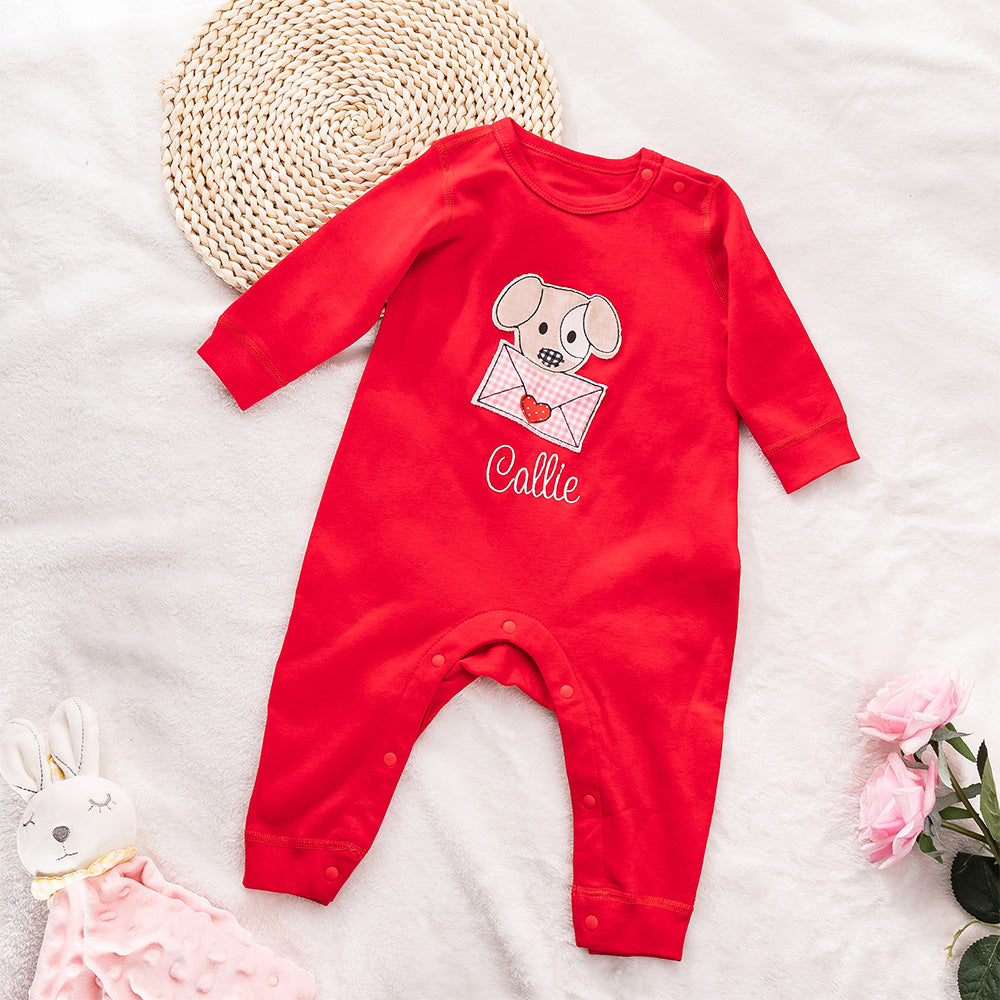Personalizado bordado Love Letter Puppy 100% Algodón Baby Romper Puff Camiseta con Nombre Birthday Valentine's Day Gift for Boys Girls