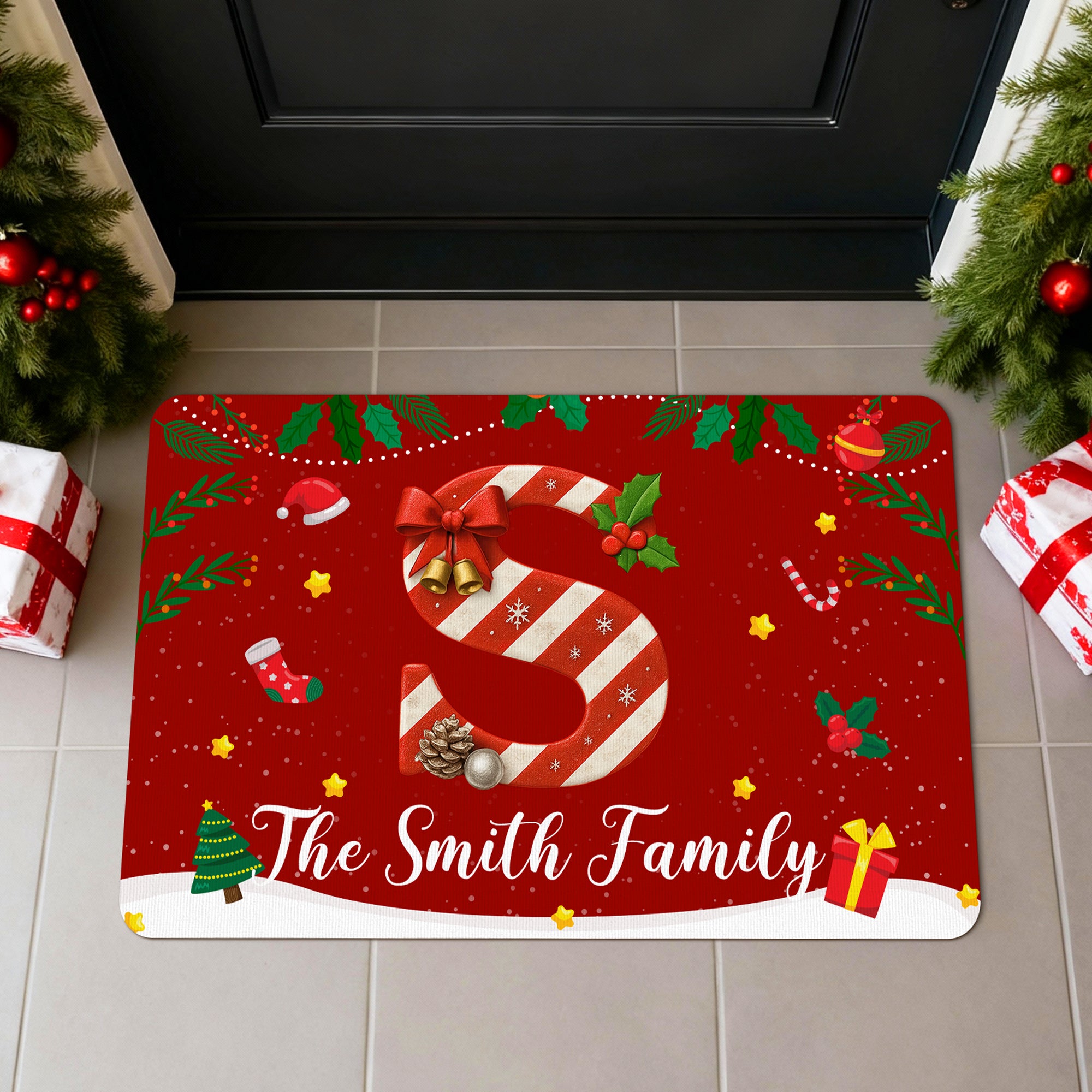 Alfombrilla personalizada de Navidad con iniciales de bastón de caramelo y texto Decoración del hogar Regalo de Navidad para la familia Amigos