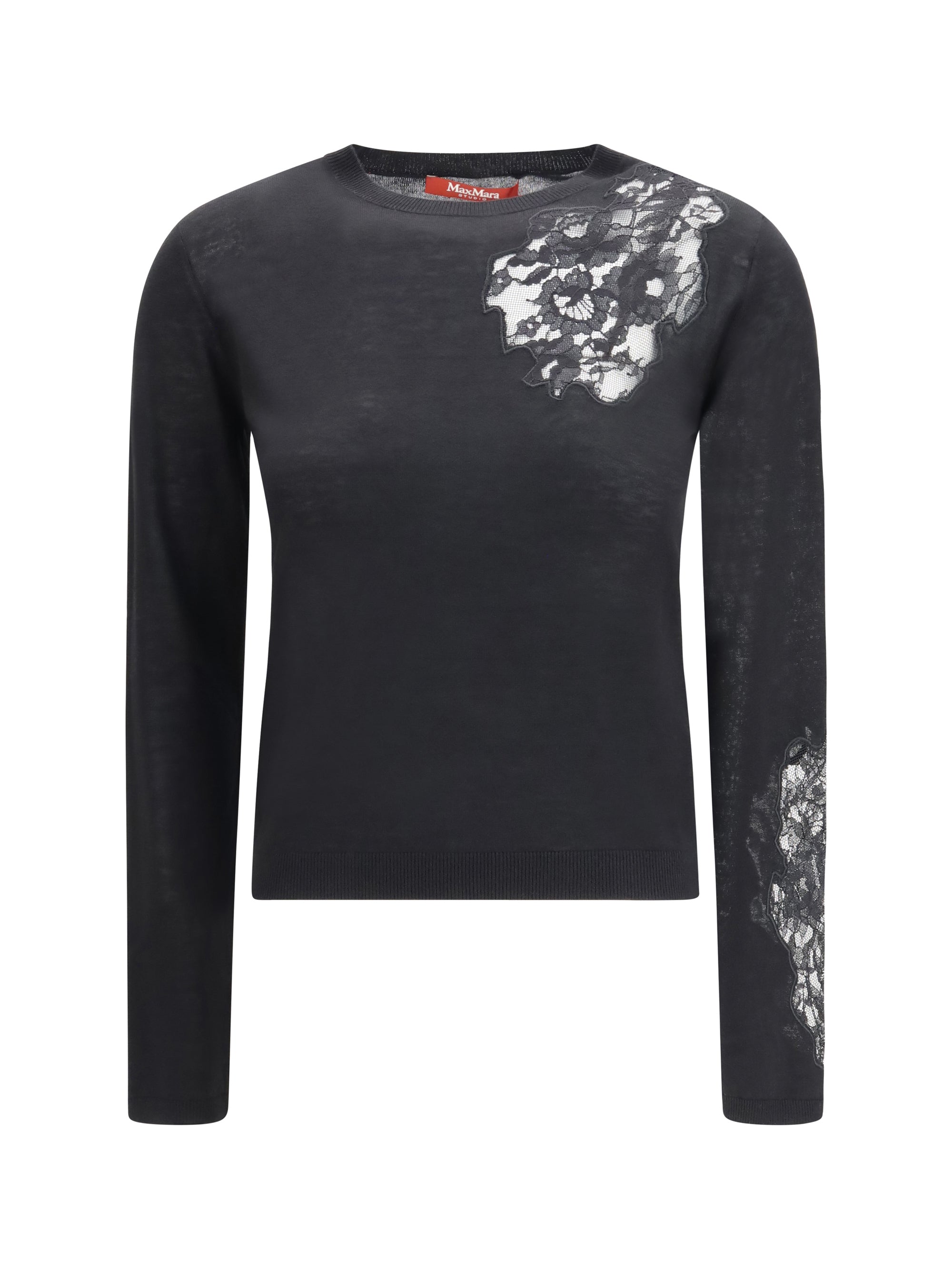 Max Mara Studio Lace-Trimmed Wool Sweater — Black