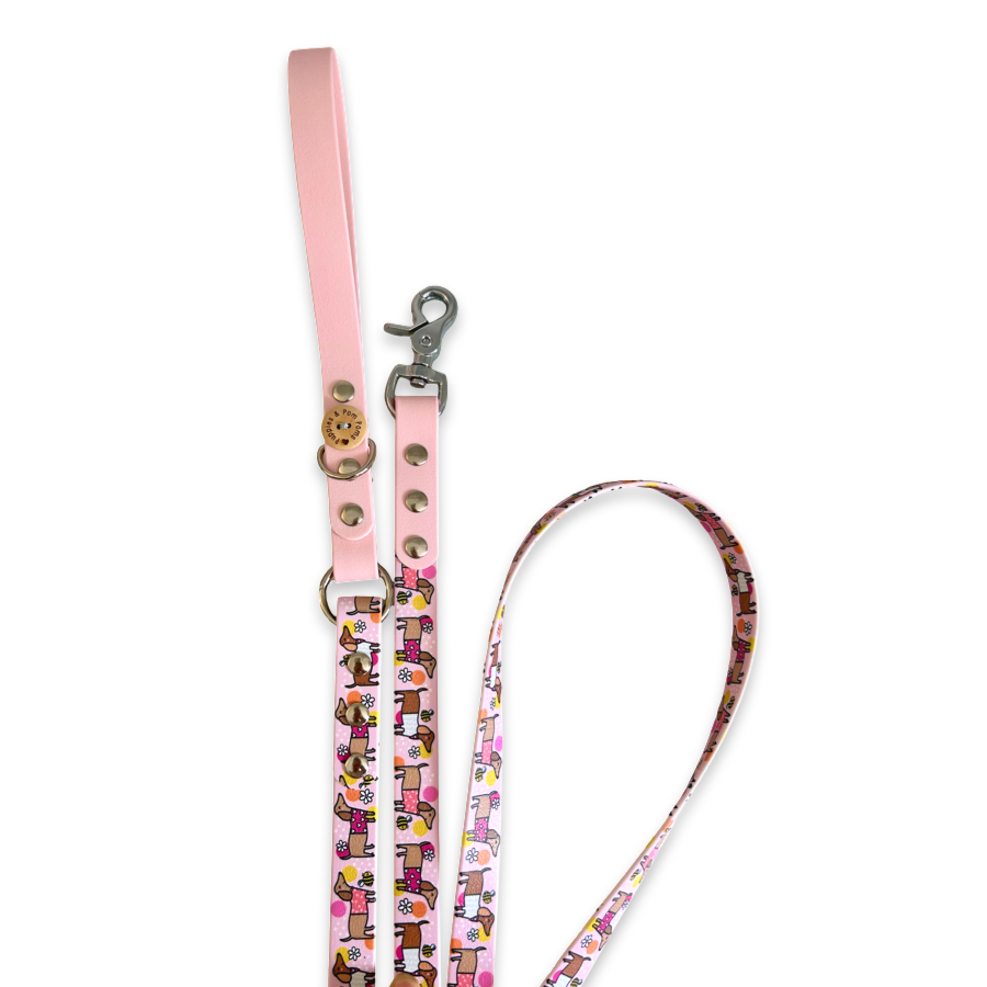 Handmade Vegan Leather Dog Leash - Bee Happy Dachshunds - Pink