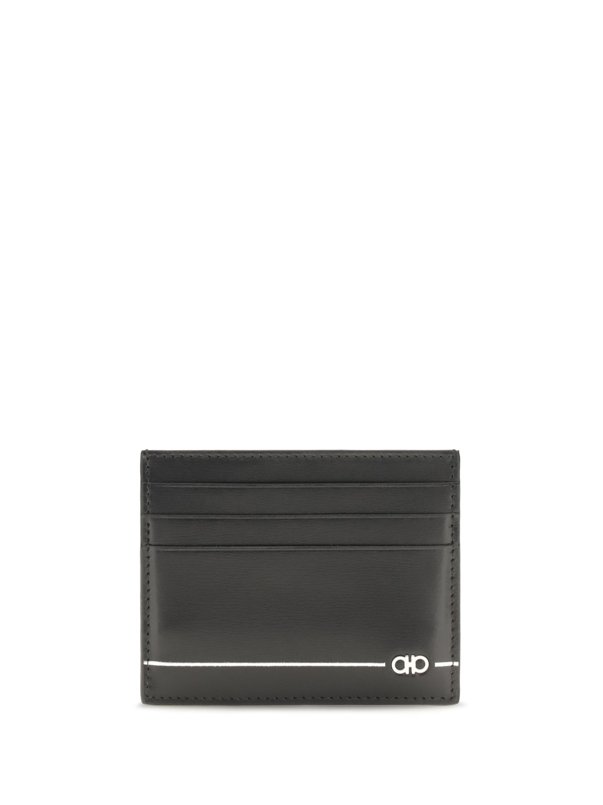 Ferragamo Logo-Embossed Calfskin Card Case — Black