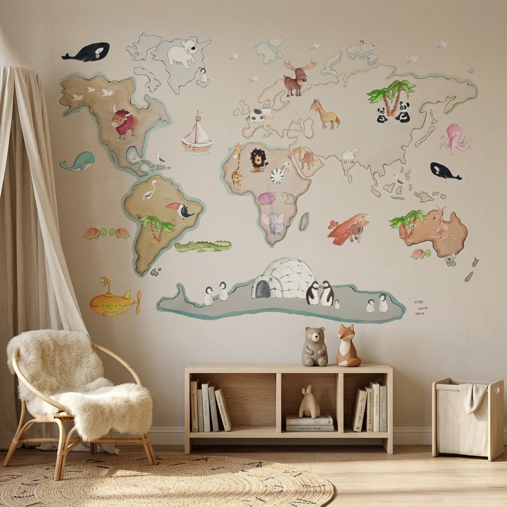 Vinilo Decorativo Infantil Mapamundi con Animales XL 220x120cm - SUEÑOS DE CIGÜEÑA