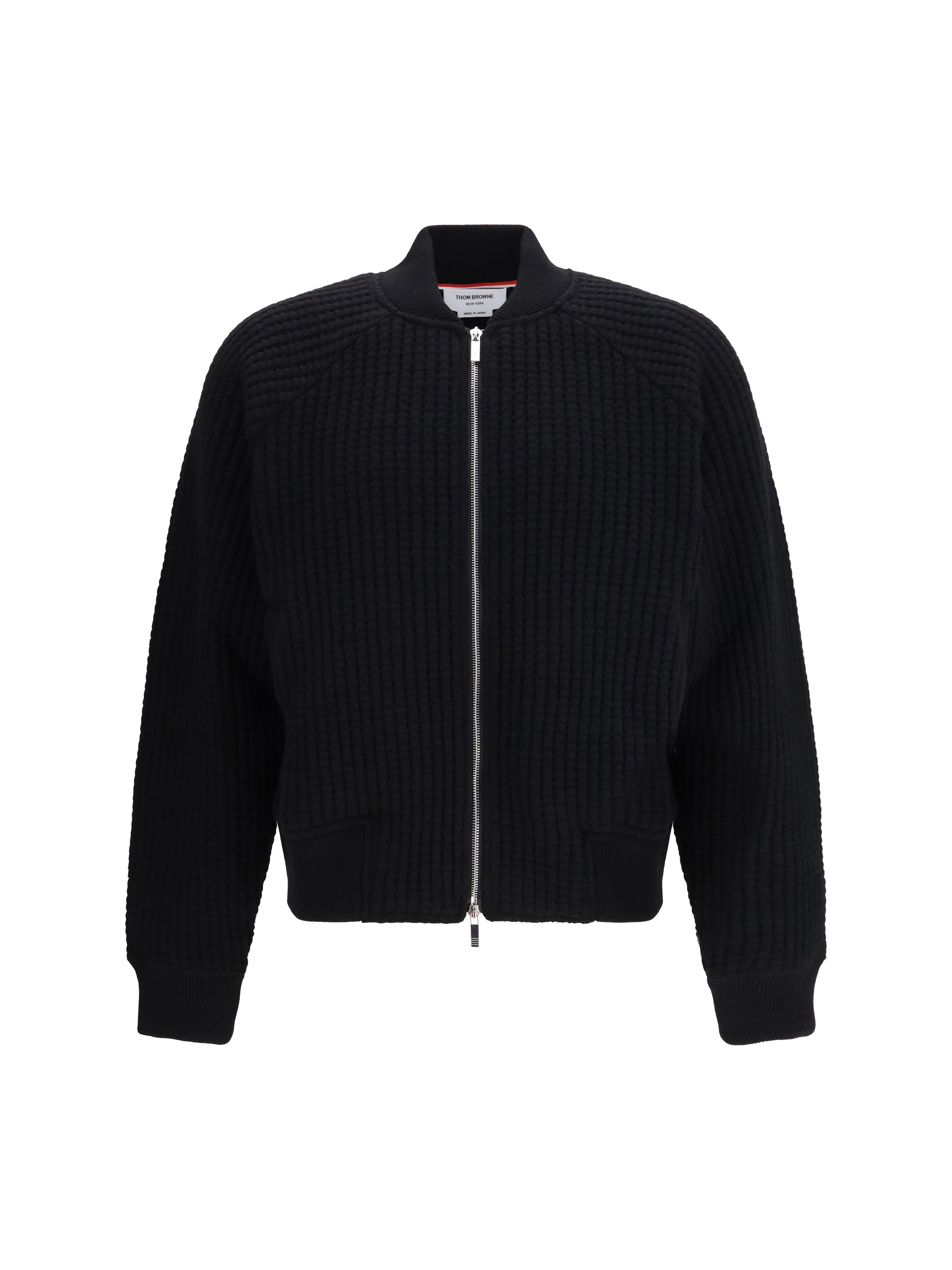 Thom Browne Ribbed Wool Knit Bomber Jacket — Black