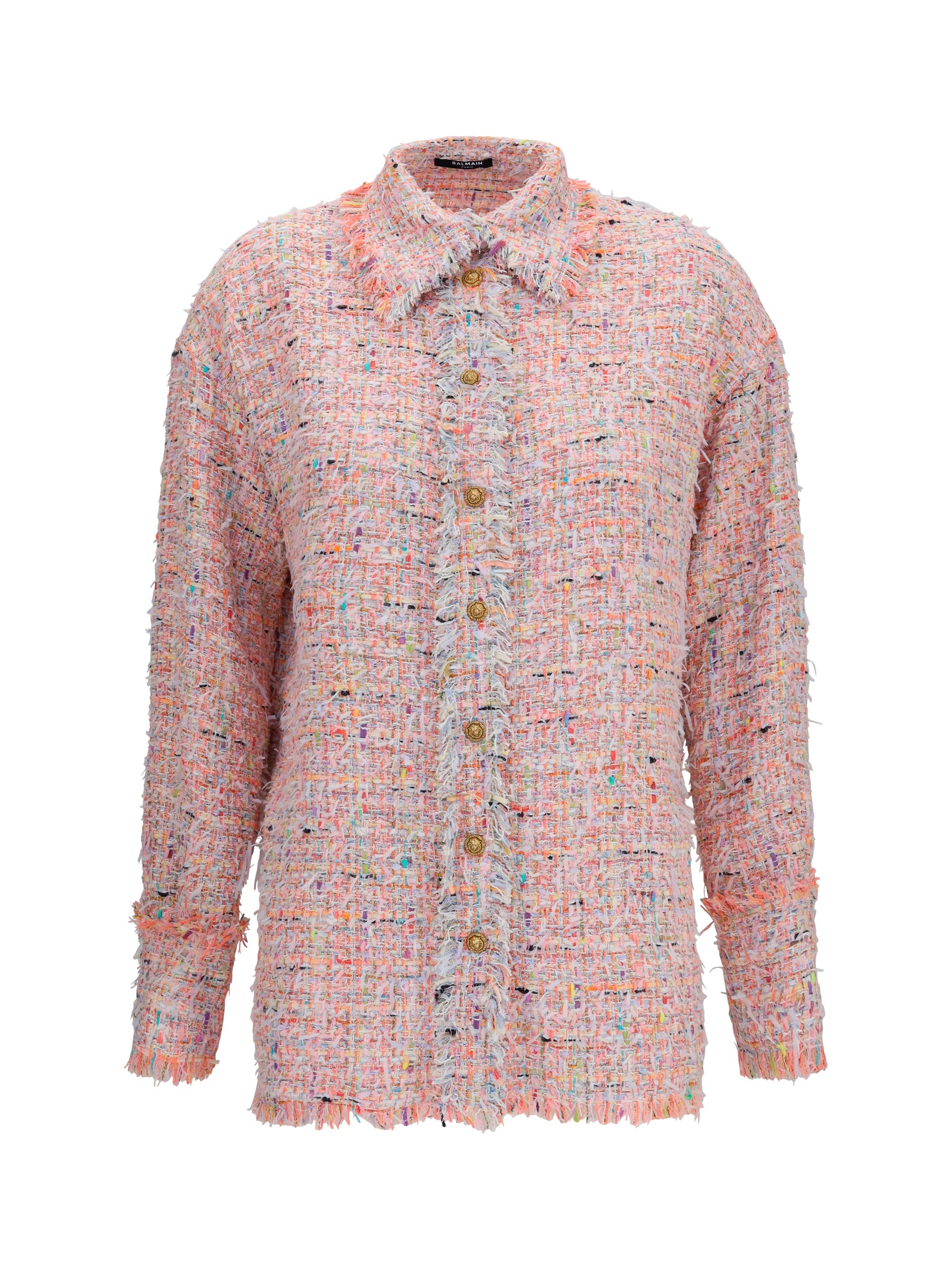 Balmain Tweed with Frayed Hem Shirt — Pink