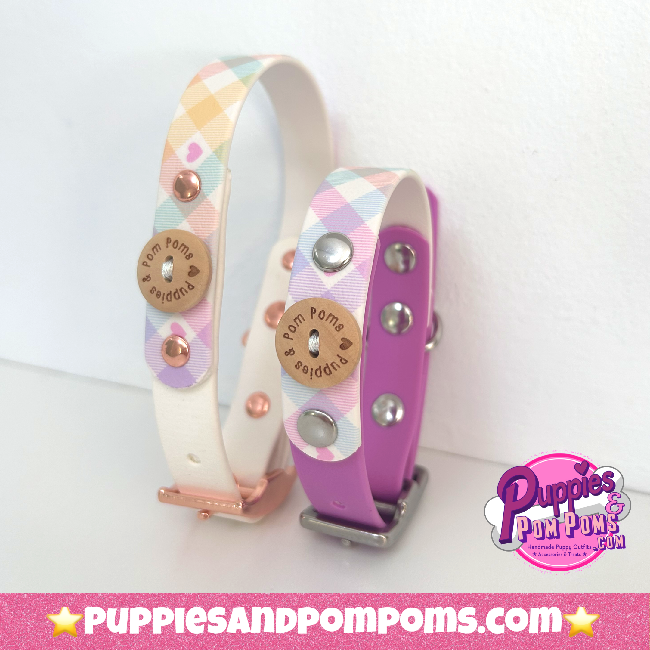 Handmade Dog Collar - Pastel Vichy - White