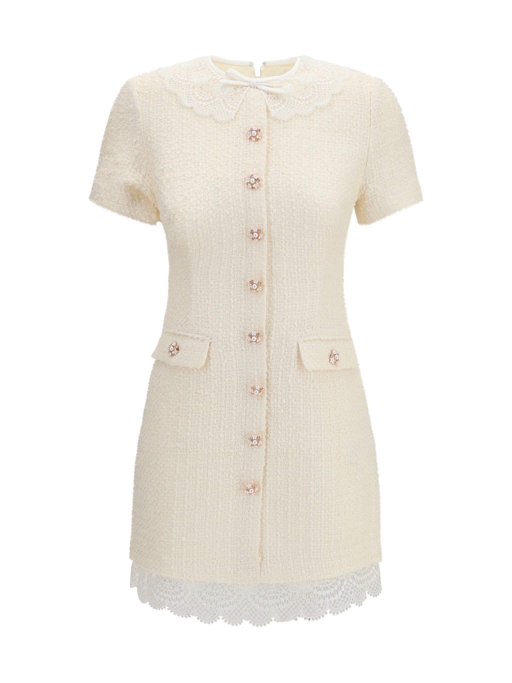 Self-Portrait Bouclé Lace Insert Mini Dress — Beige