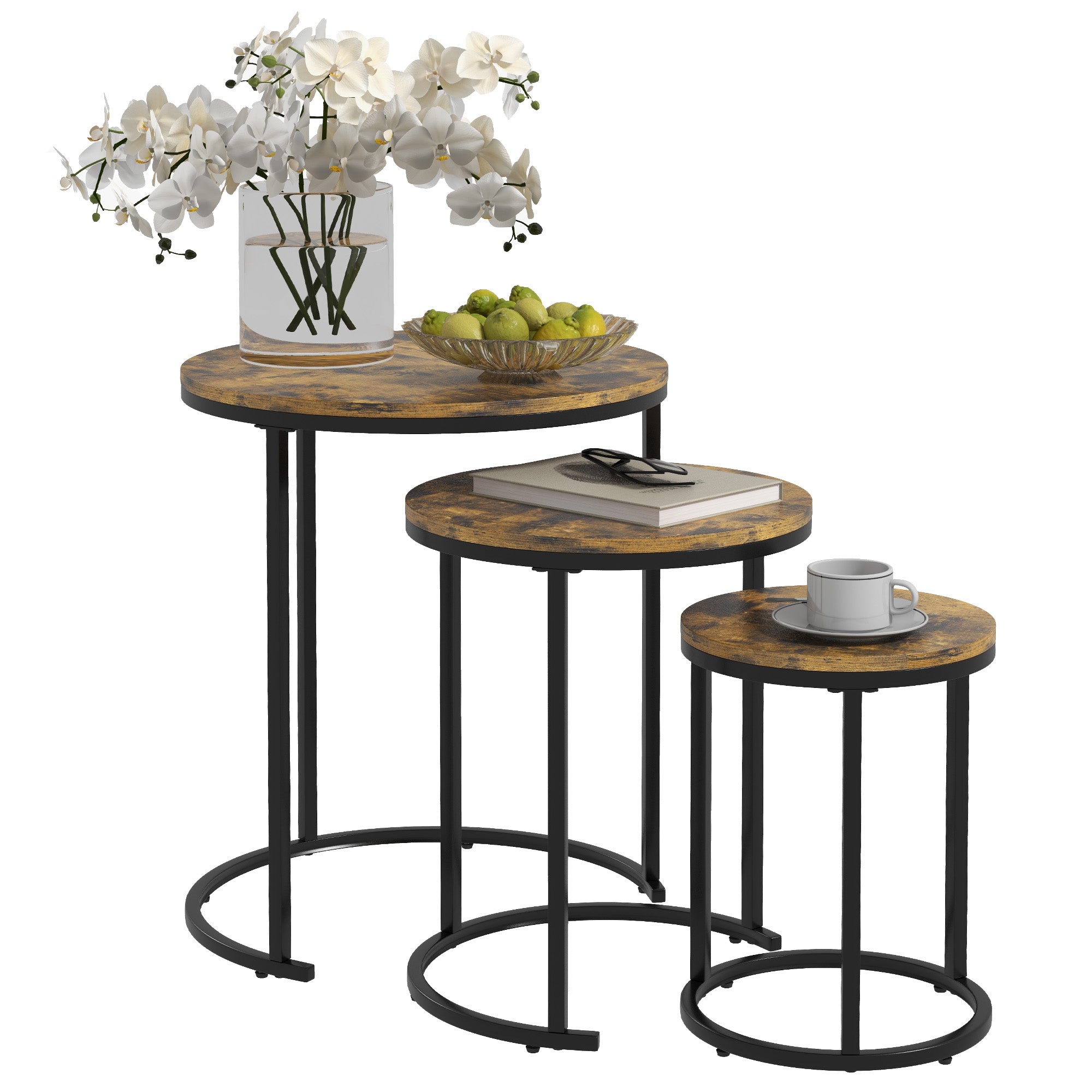Set of 3 Nesting Tables with Wood Grain Steel Frame, Rustic Brown