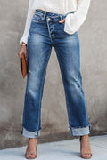 High Waist Straight Leg Ripped Denim Pants