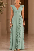 V Neck High Waist Solid Ruffle Maxi Dress