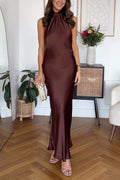 Halter Backless Satin Maxi Party Dress
