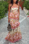 Spaghetti Strap Back Lace-up Ruffle Layered Floral Print Maxi Dress