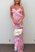 Ruffle Trim Open Back Printed Maxi Cami Dress