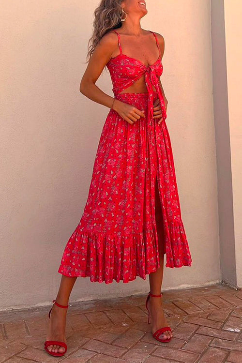 Tie Front Cut Out Slit Printed Ruffle Cami Dress