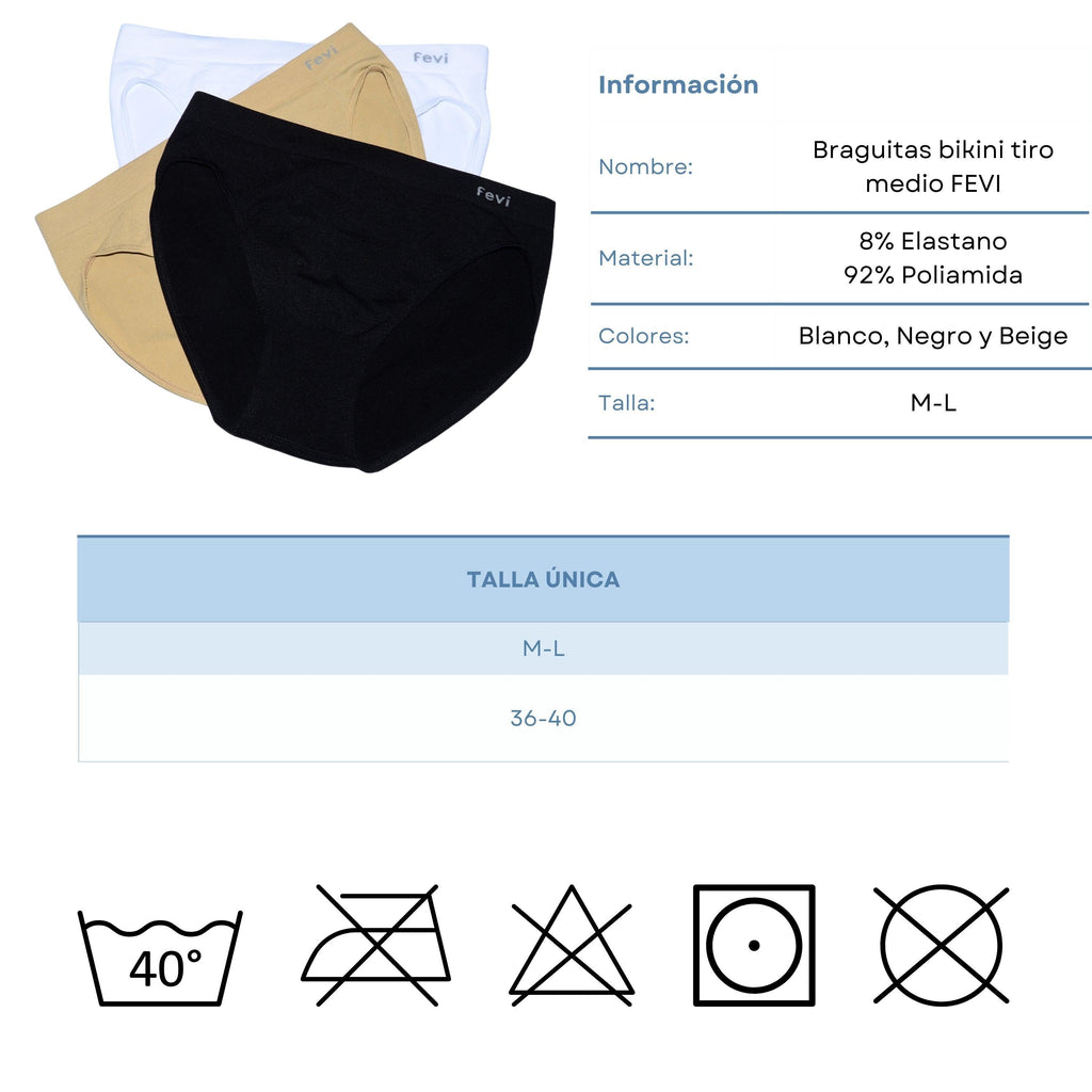 FEVI | Pack de 12 Braguitas Tiro Medio en 1 o 3 Colores Diferentes: Blanco, Negro y Beige | Talla única M-L