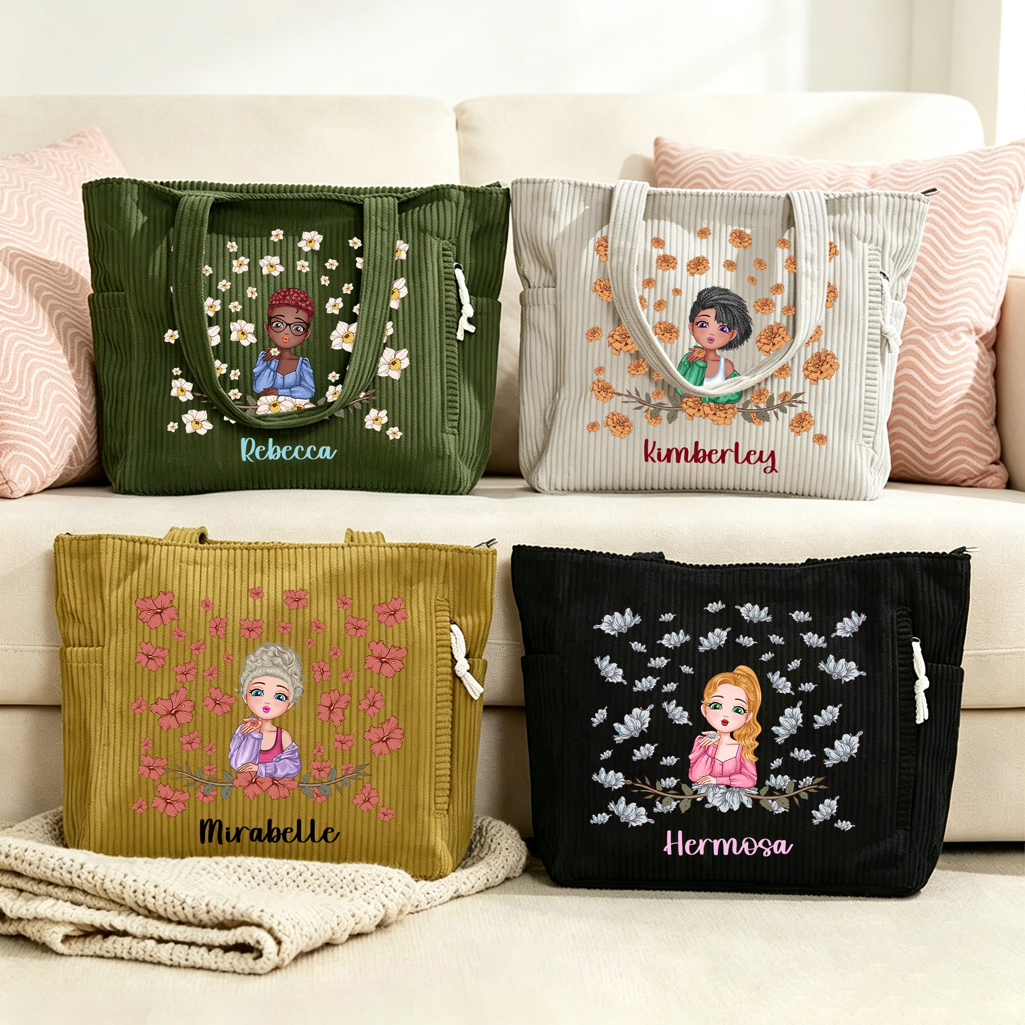 Bolso tote de pana personalizado de gran capacidad con personaje de dibujos animados flor de nacimiento y nombre regalo de cumpleaños para mujer