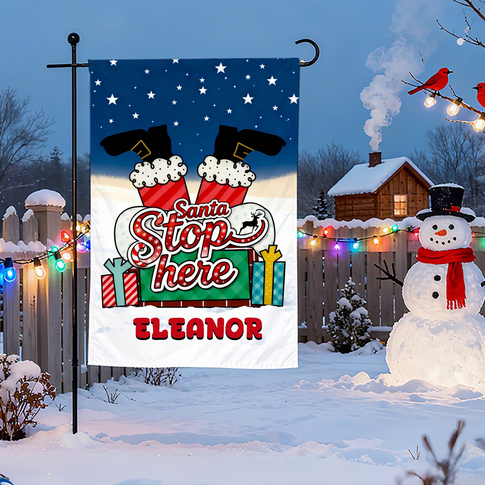 Bandera de jardín de Papá Noel personalizada con texto "Santa Stop Here Chimney Santa Claus Yard Porch Decor" Regalo de Navidad para los amantes de la jardinería en familia