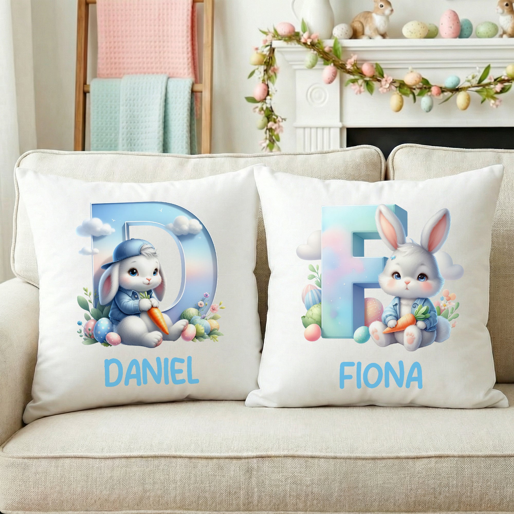Funda de cojín personalizada con nombre e inicial de conejito en forma de nube para decoración de hogar Regalo para fiesta de Pascua para niños