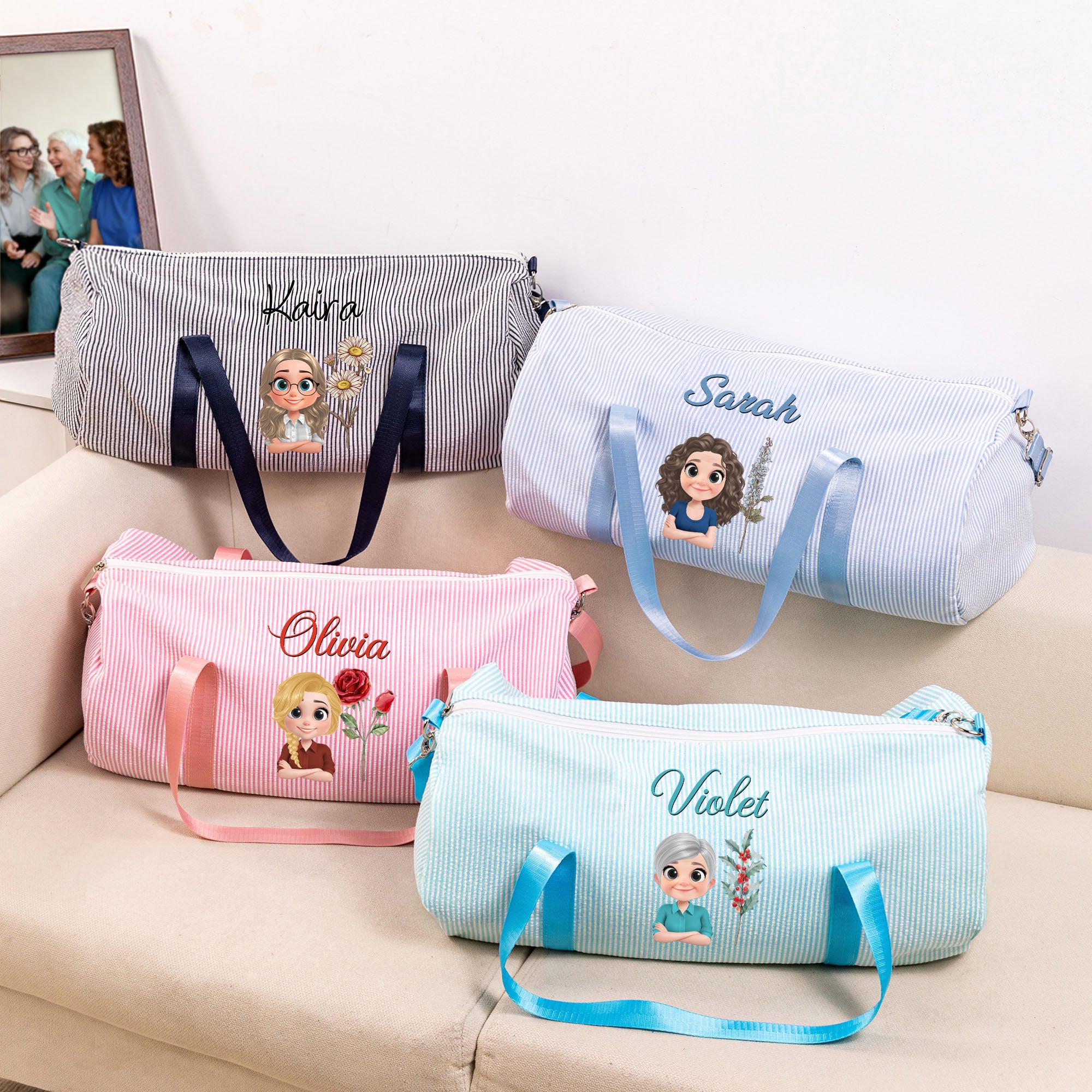 Personalizada 3D Cartoon Personaje Nacimiento Flor Rayas Bolsa de viaje Duffel con nombre y correa de hombro Uso diario Regalo de cumpleaños para las mujeres