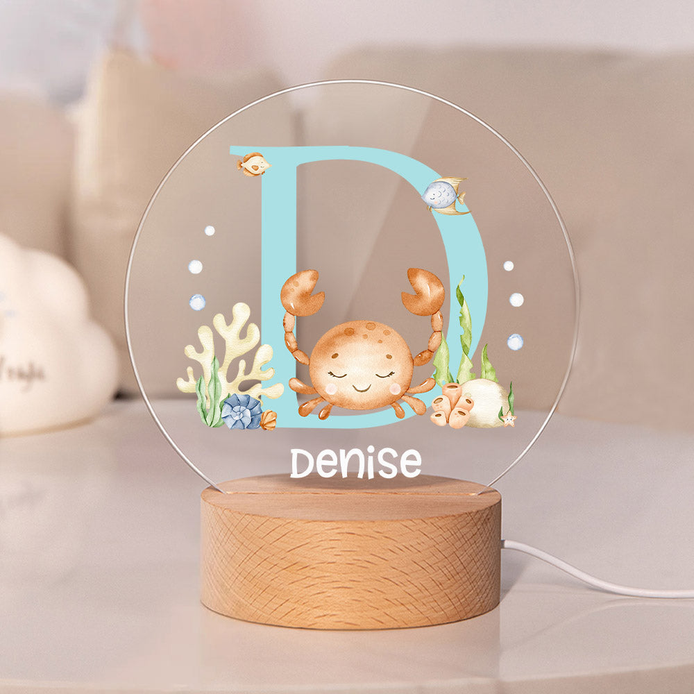 Linterna nocturna LED personalizada con iniciales de animal marino, nombre y base de madera Decoración de habitación infantil Regalo de cumpleaños Baby Shower para niños