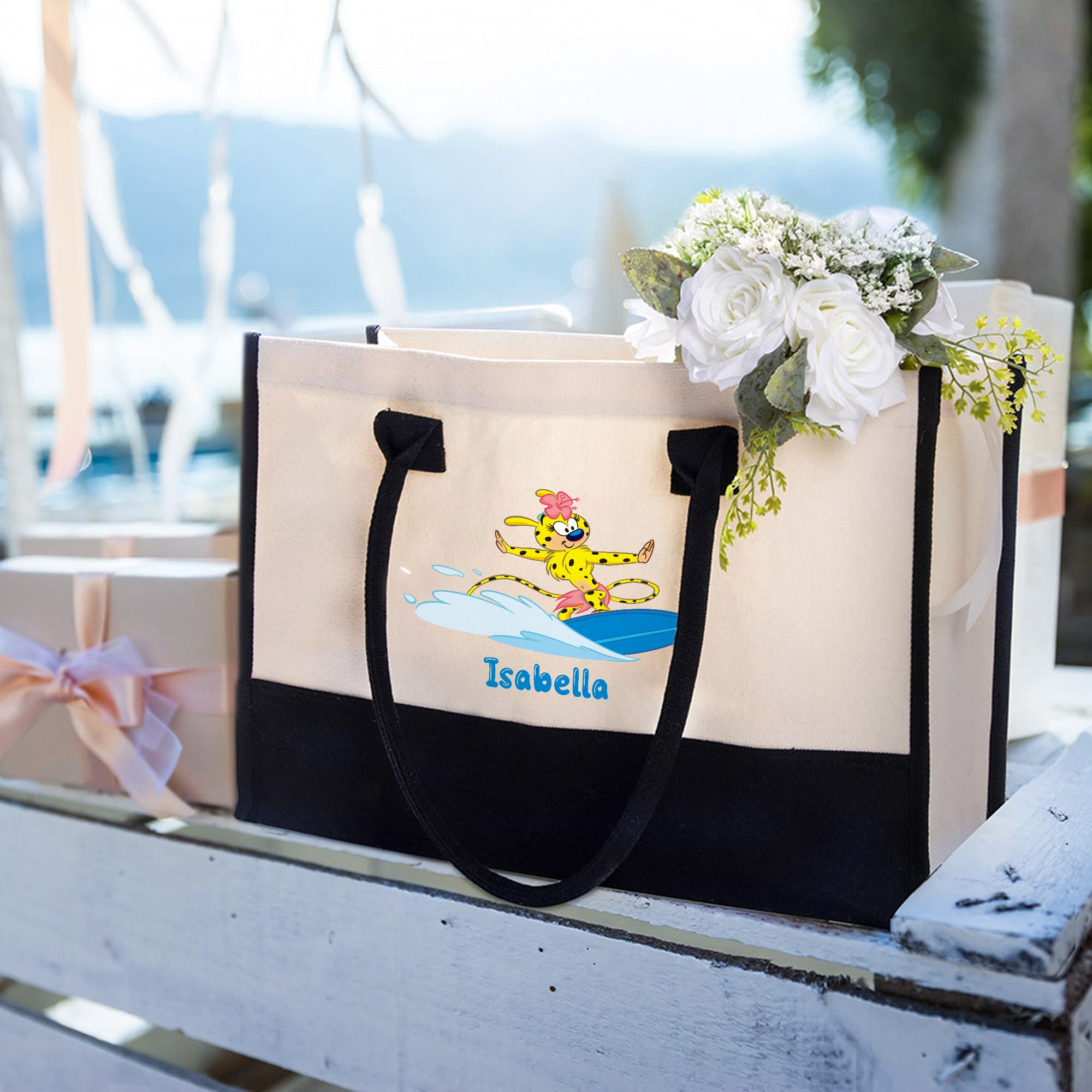 Marsupilami Bolsa de viaje grande personalizada con nombre Leopardo de cola larga de dibujos animados Regalo para ella | Callie × Marsupilami