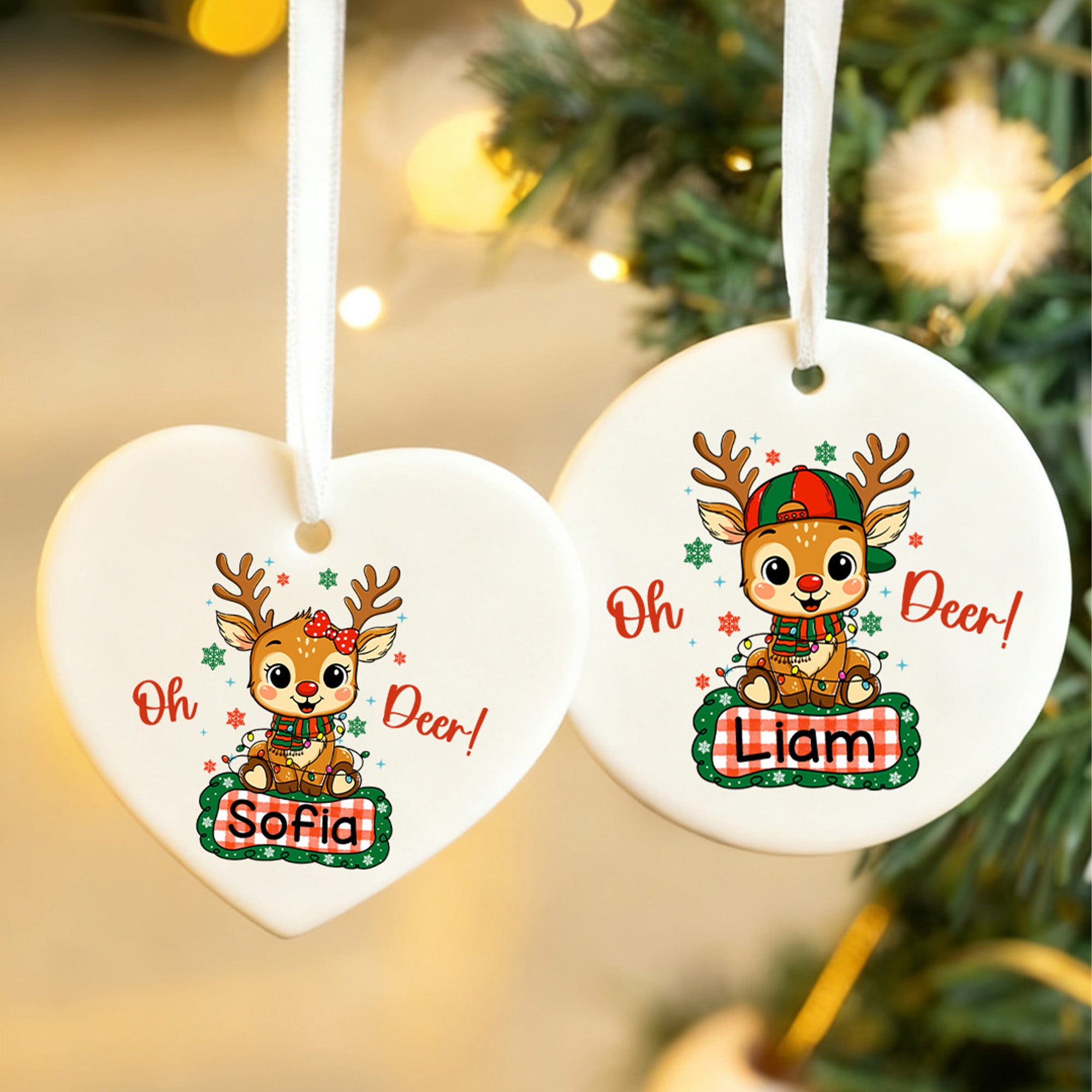 Personalizado Lindo Reno de dibujos animados Luces de Navidad Copo de nieve Adorno de Navidad de cerámica con nombre Decoración del hogar Regalo de Navidad para Niños Familia