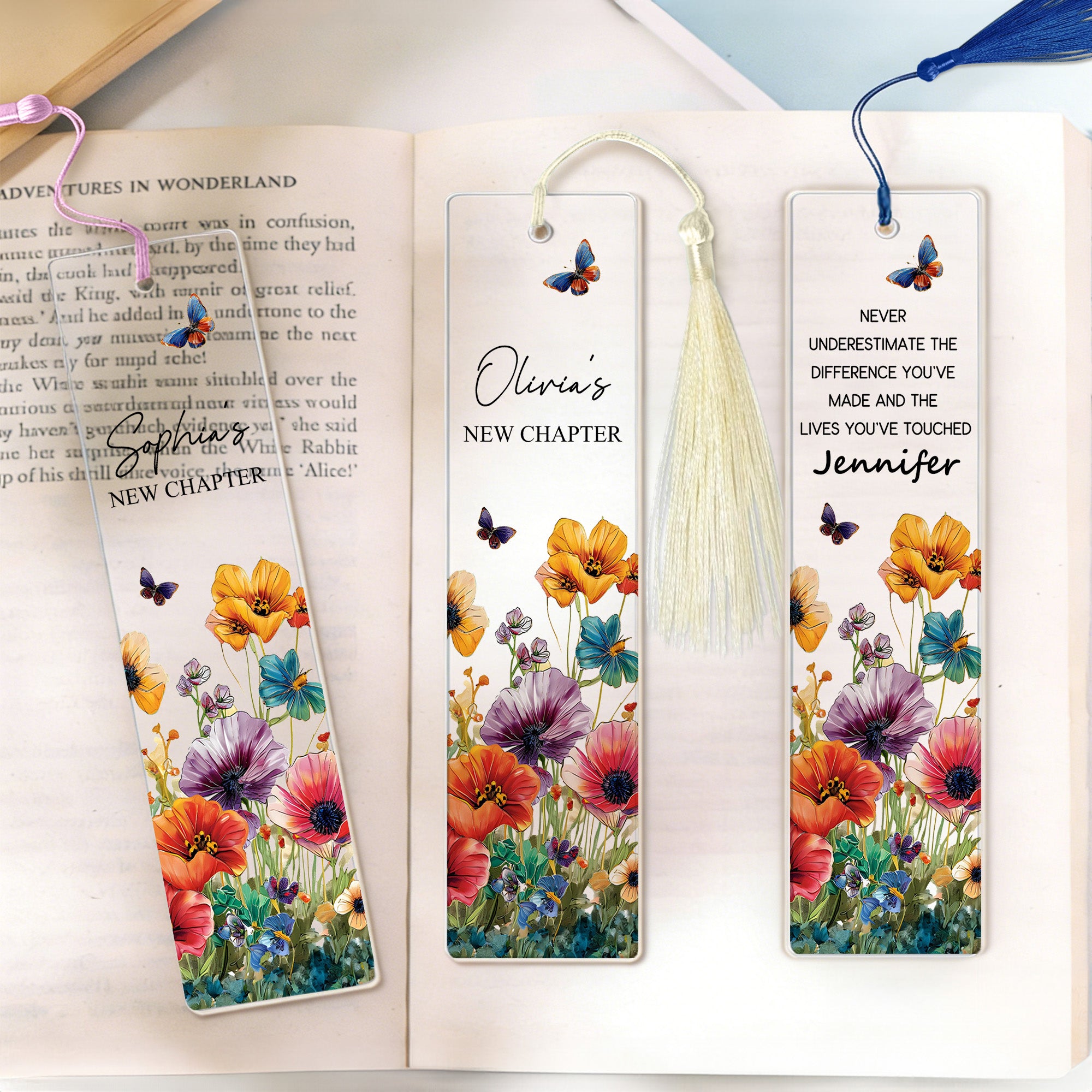 Personalizado Nuevo Capítulo Mariposa Flor Acrílico Marcapáginas con Nombre y Borla Material de Lectura Jubilación Cumpleaños Regalo para jubilado Ratón de biblioteca