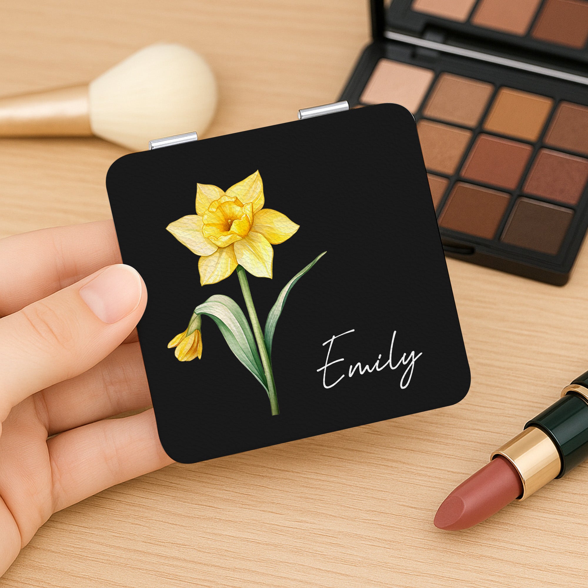 Personalizado Nacimiento Flor Corazón Compacto Redondo Cuadrado Espejo de Maquillaje con Nombre Portátil Cumpleaños Boda Fiesta Regalo para Mujeres