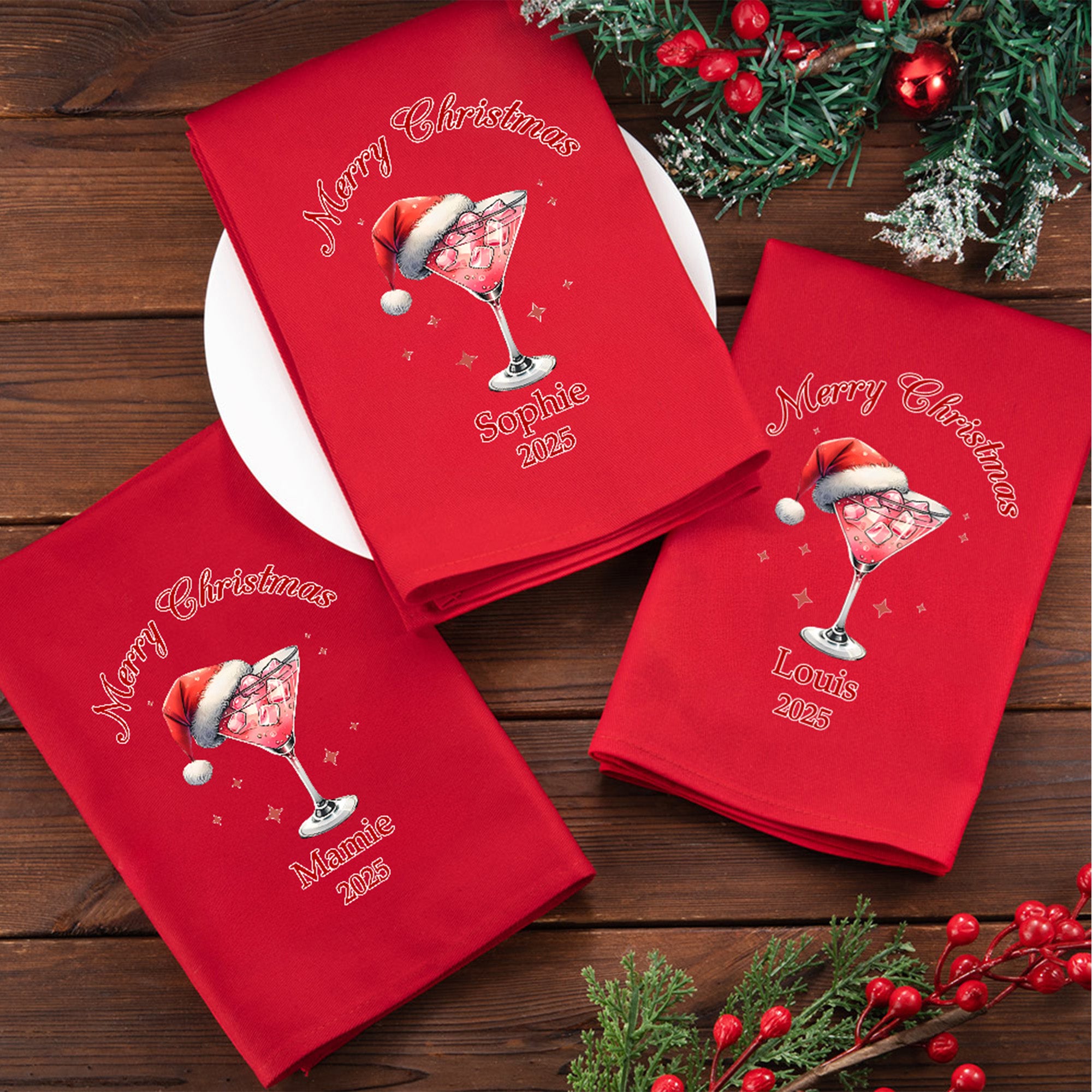 Servilleta roja de algodón 100% personalizada con el nombre de Papá Noel, decoración de la casa, regalo de Navidad para los amigos de la familia.