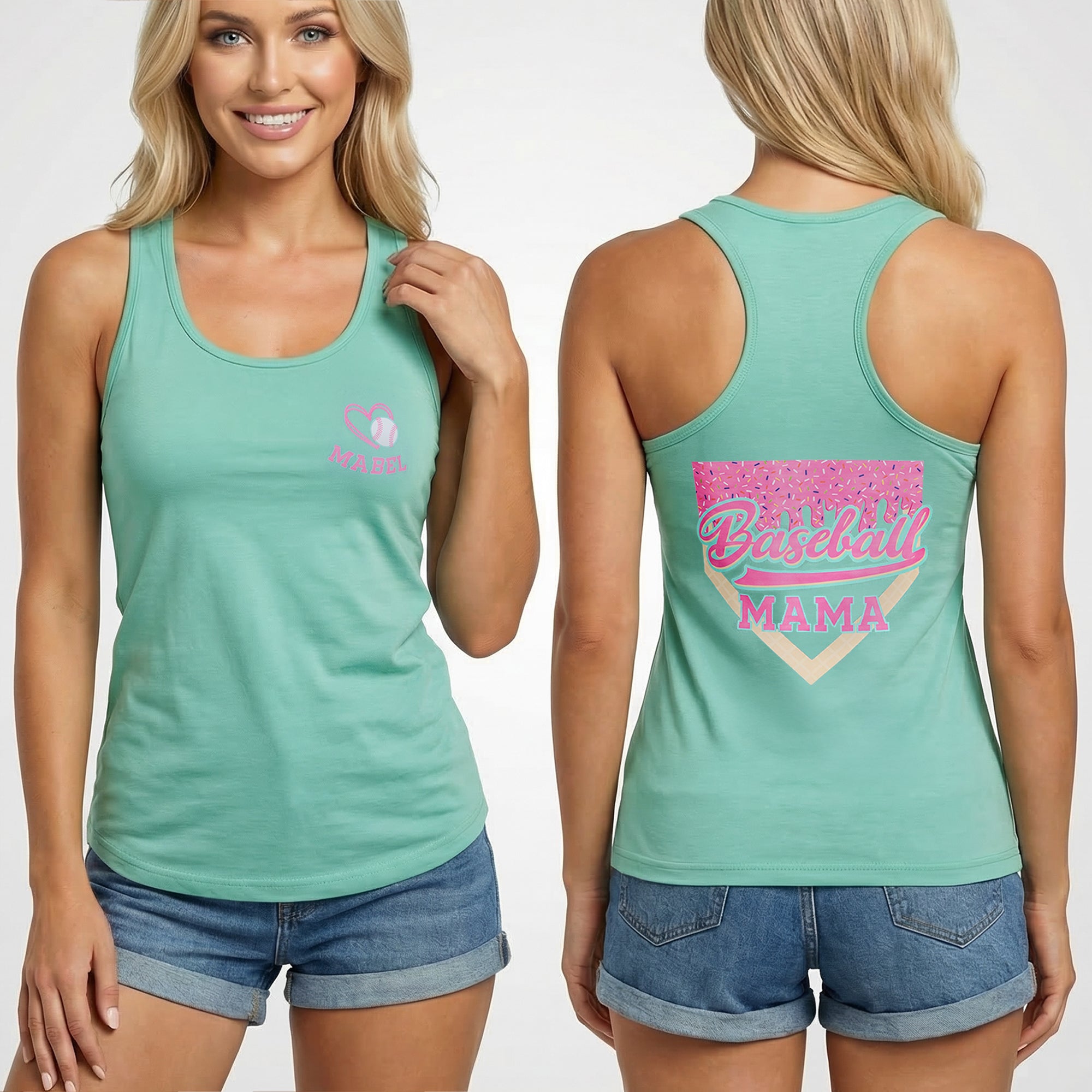 Camiseta sin mangas personalizada de béisbol multicolor Mamá Helado 100% algodón con nombre Día de la Madre Regalo de cumpleaños para mamá