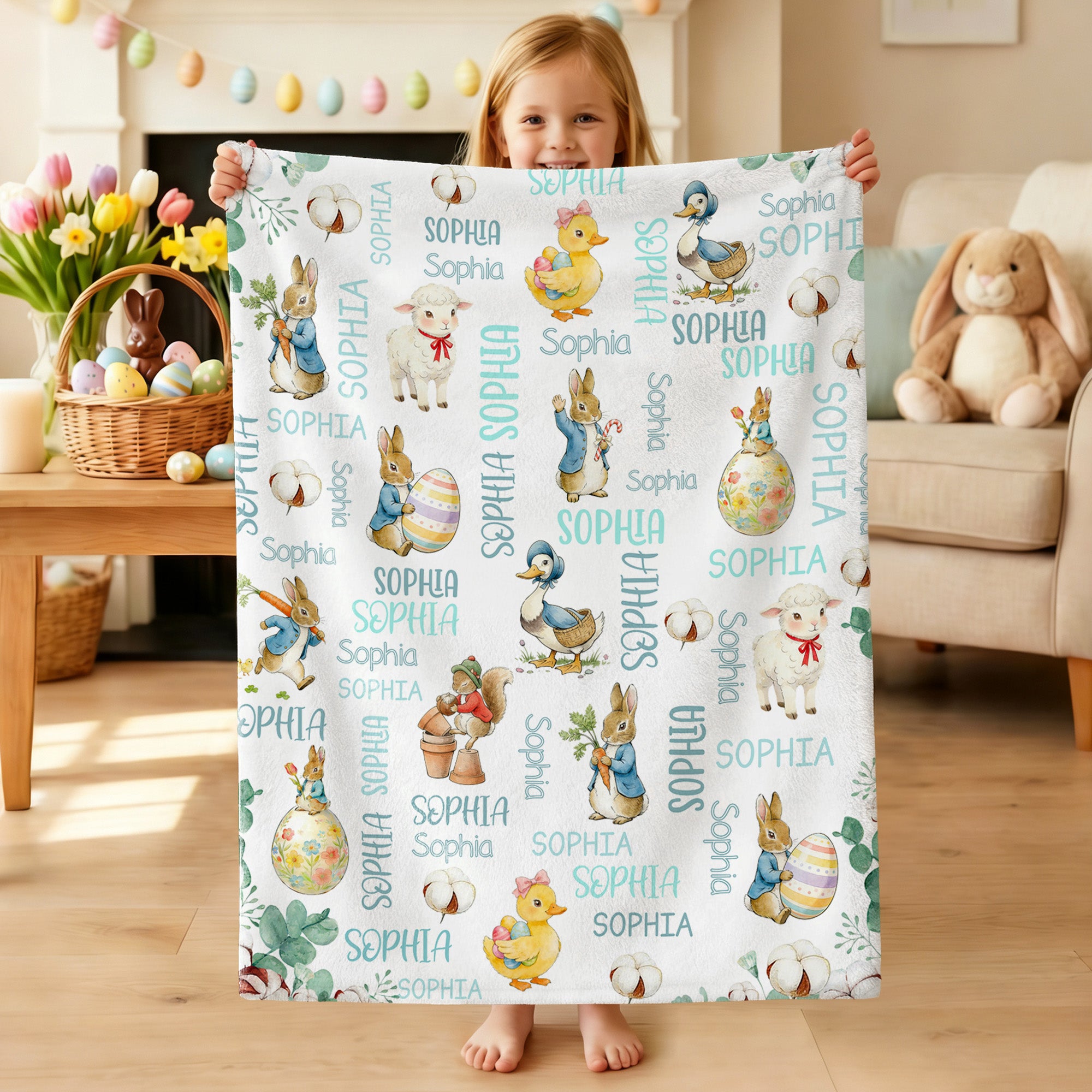 Conejito de Pascua personalizado Pato Oveja Nube de palabras Manta suave con nombre Decoración del hogar Regalo de Pascua para niños Niñas